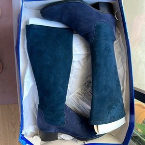 Suede Navy blue riding boots. Worn Once, mint condition, still have the box.